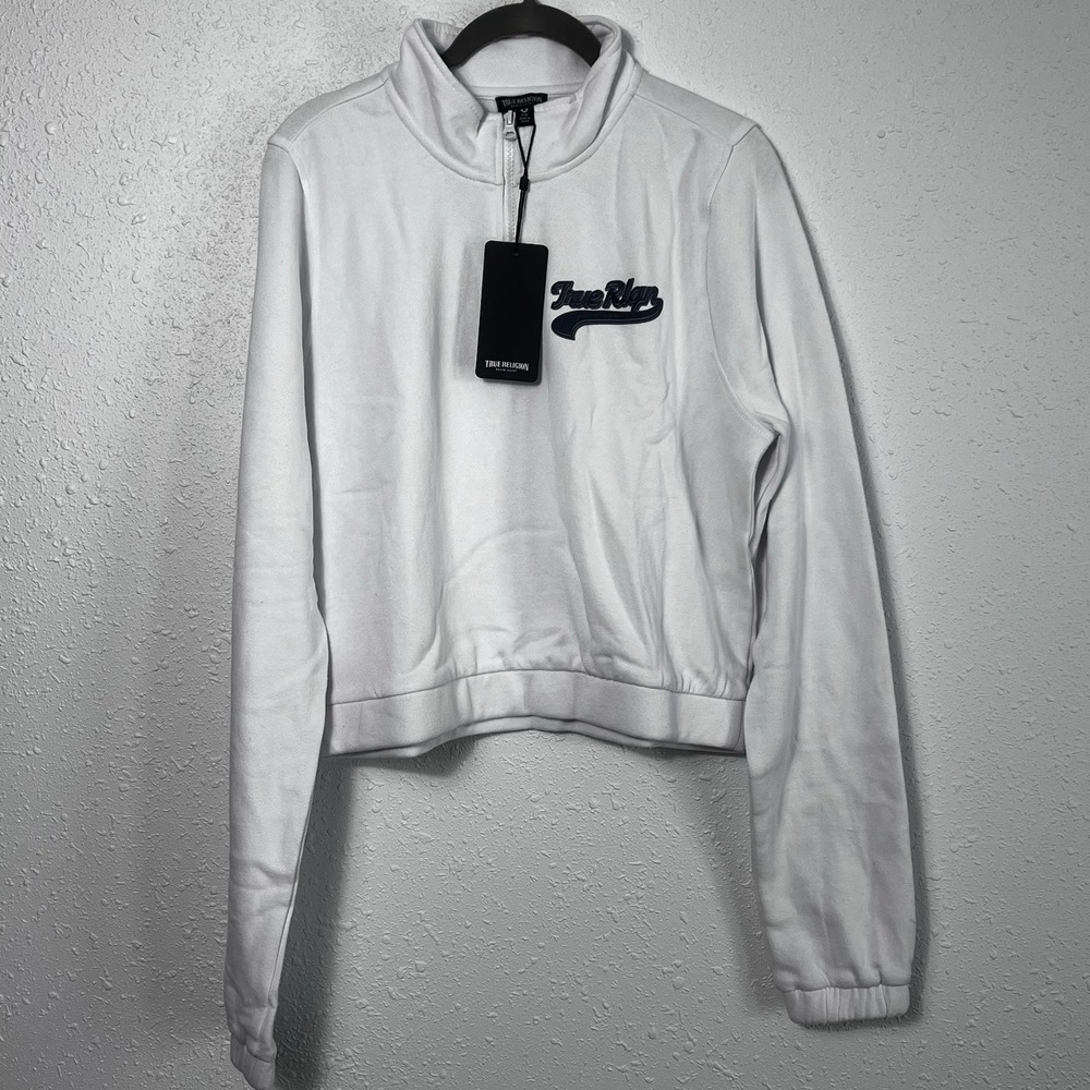 True Religion Flock  Mock Neck Pullover Womens Large White Crop Top Sweatshirt
